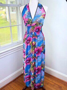 Tropical Floral Halter Maxi Sun Dress One Size Smocked Backless Vacation Island